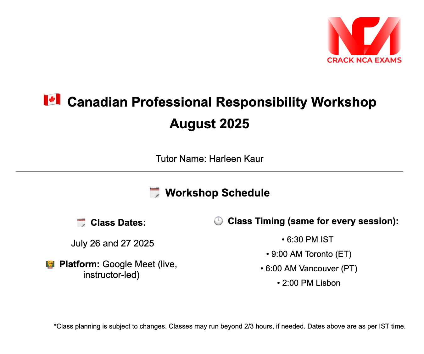 Professional Responsibility Workshops for August 2025 NCA Exam Professional Responsibility Workshops for August 2025 NCA Exam
